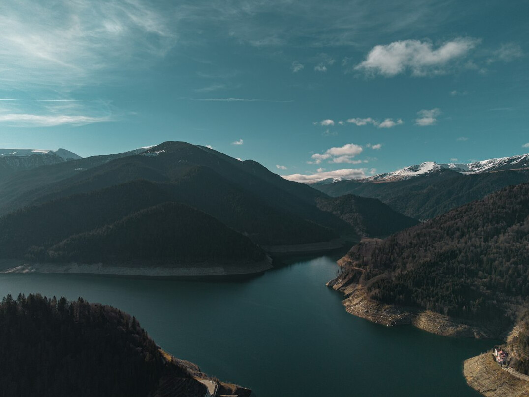 drone flying over mountains